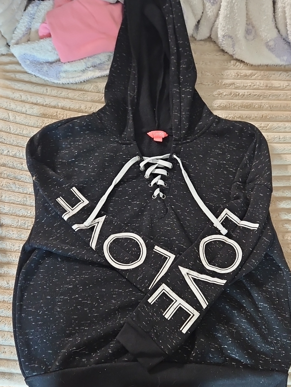 Speckled Black Lace-Up Hoodie with LOVE Sleeve Lettering